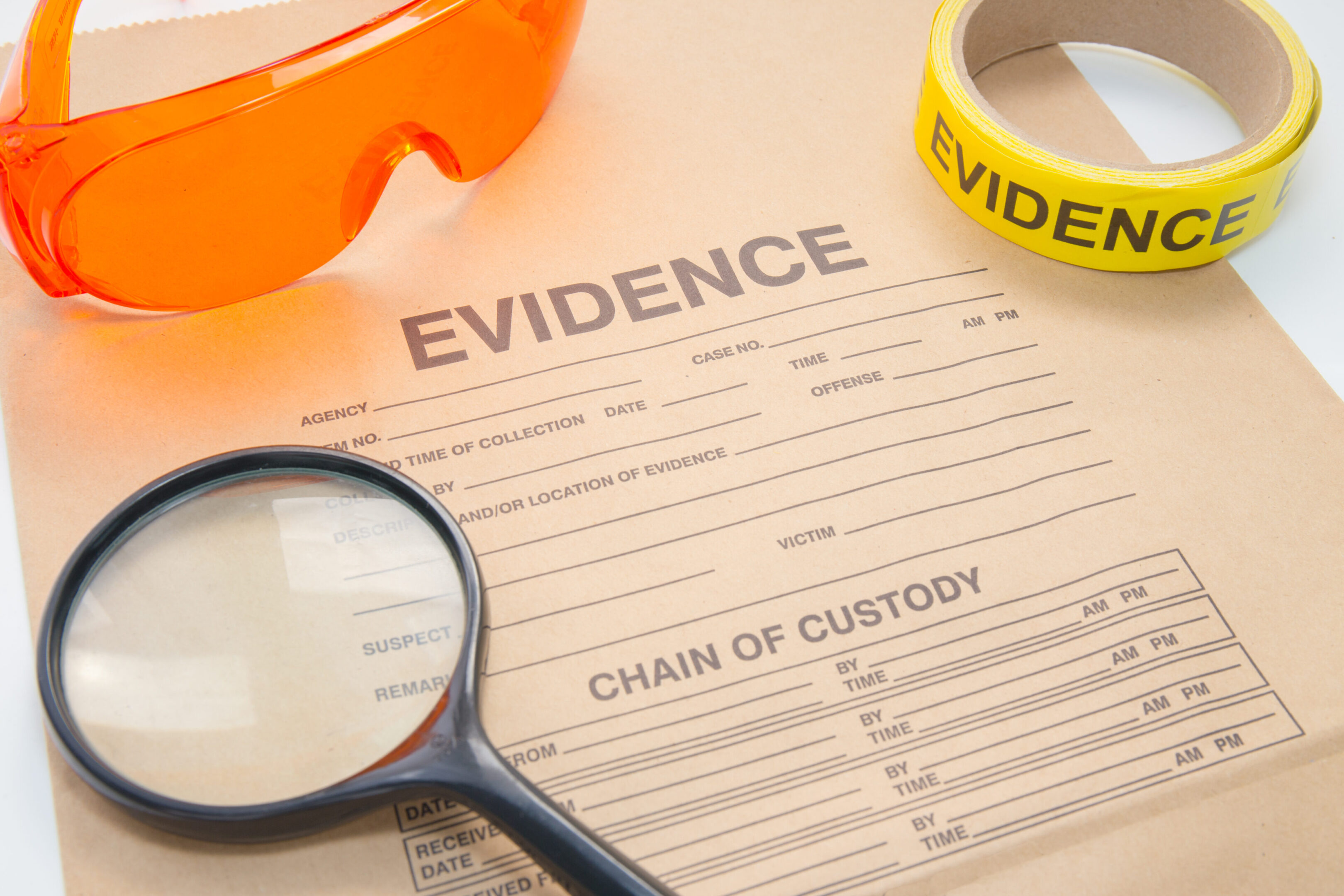 evidence bag and evidence tape with orange glassess for crime scene investigation tool