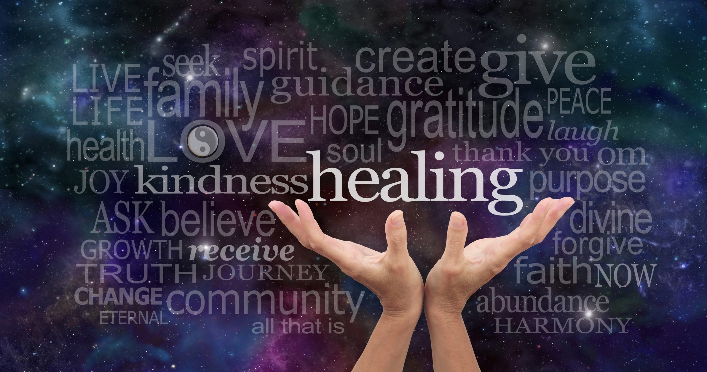 Healer's open palms reaching up with a deep space background of planets, stars and cloud formations scattered with random high resonance healing words